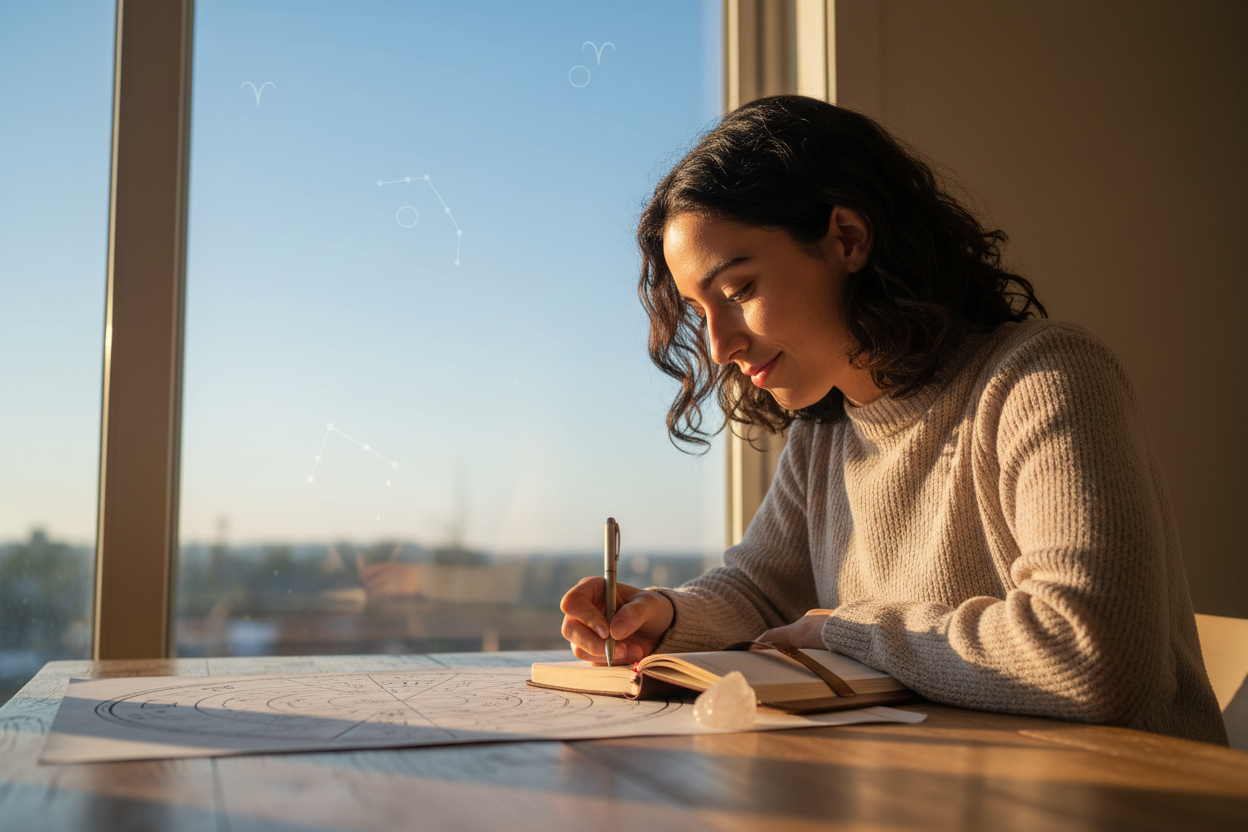 Femme consultant son horoscope bélier mars en écrivant des prédictions astrologiques au soleil