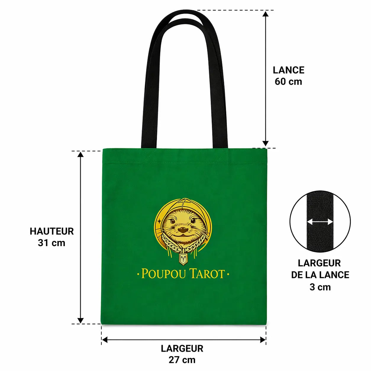 Tote Bag Poupou Tarot en coton – Sac cabas vert  31x27 cm