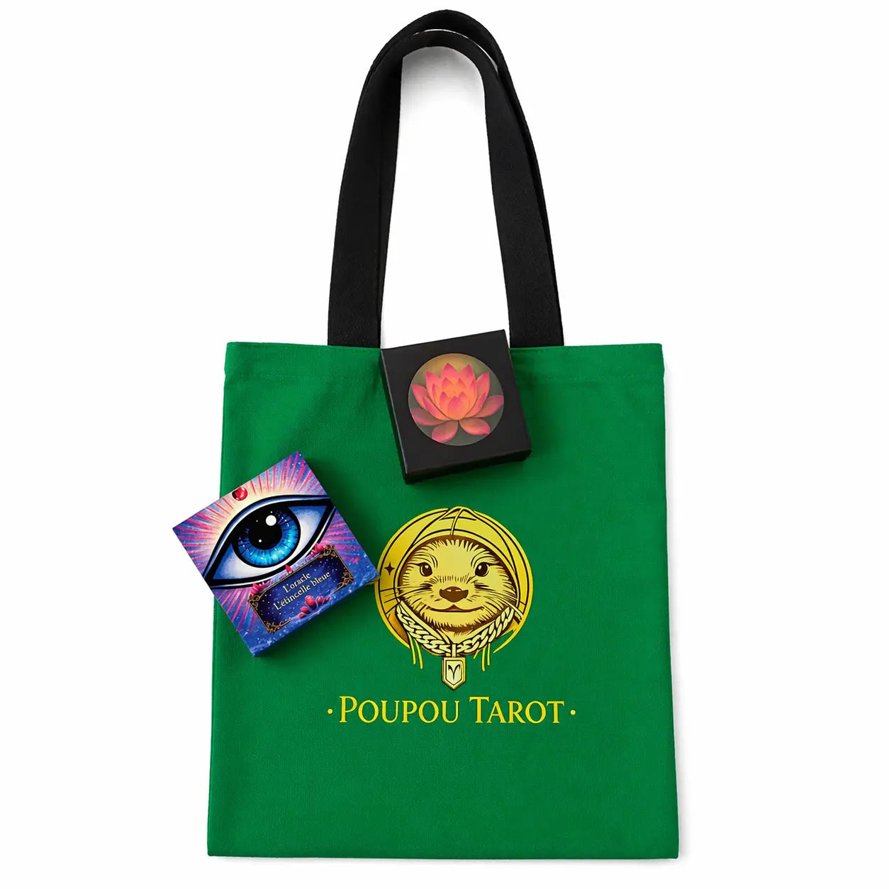 Tote Bag Poupou Tarot en coton – Sac cabas vert  31x27 cm