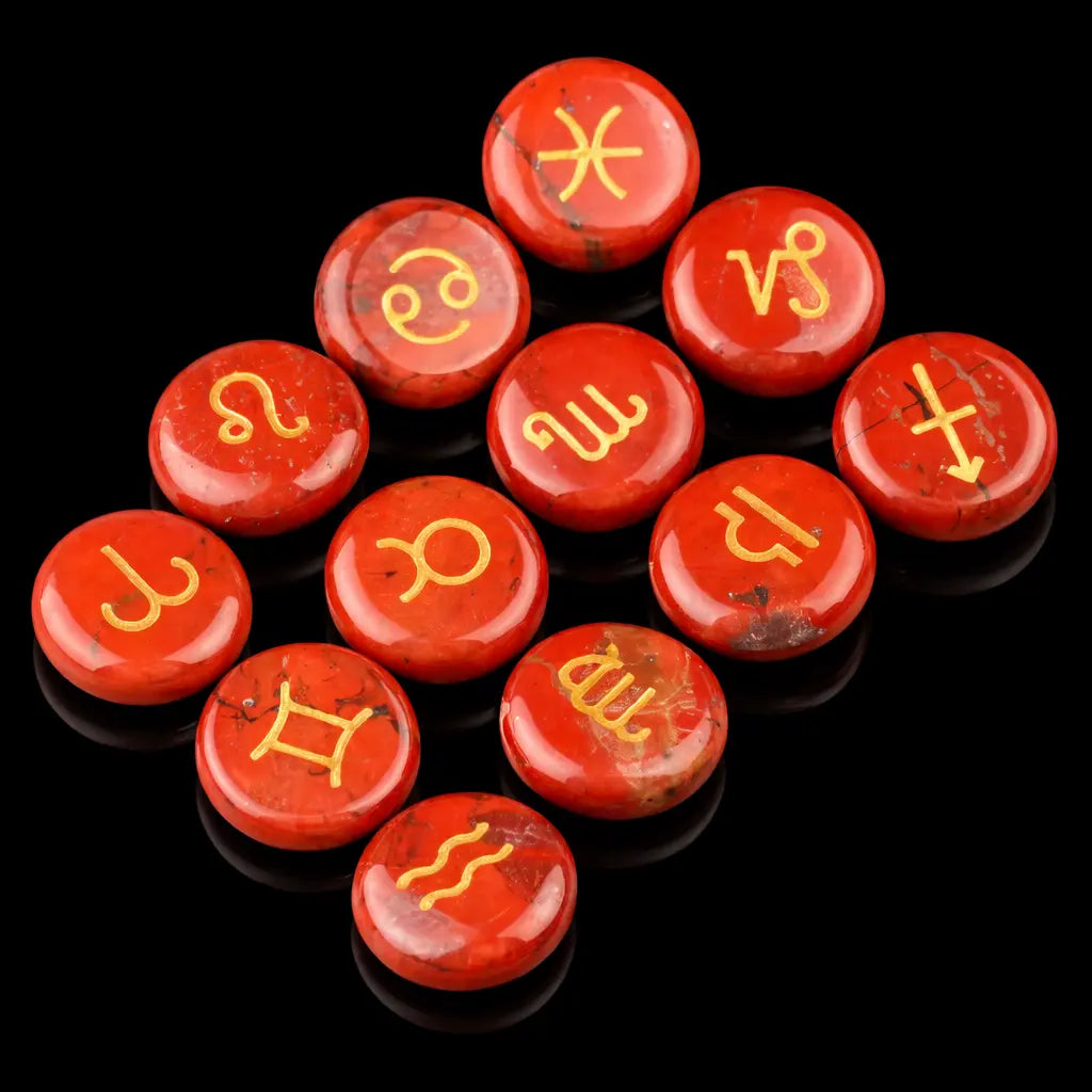 Lot de 12 Pierres Agate Rouge Gravées – 12 Signes astrologiques- diam 18 mm