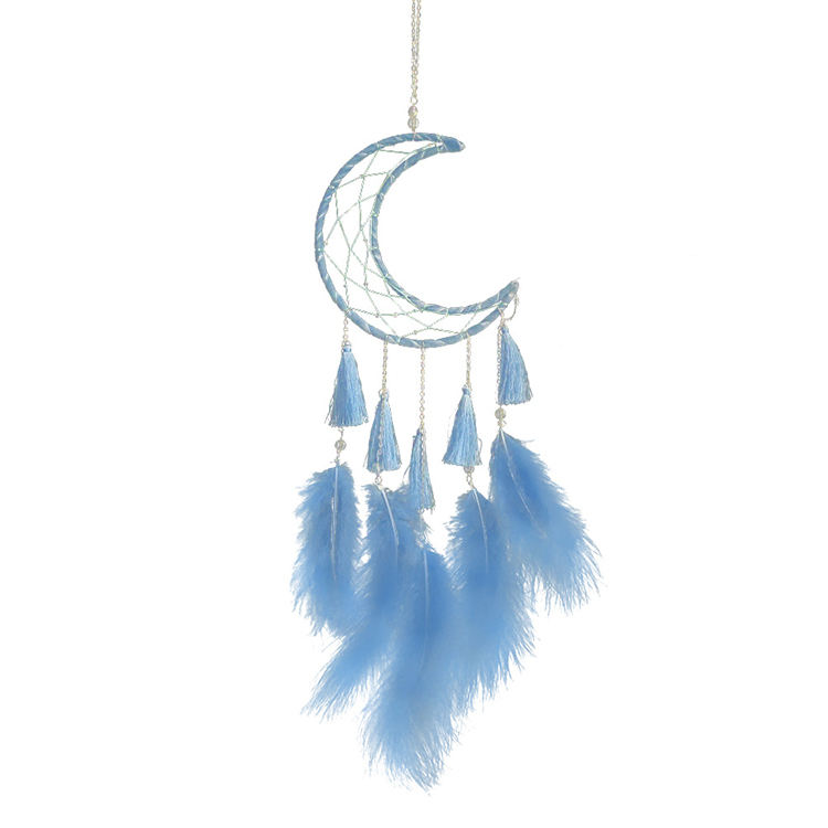 Attrape rêve lune bleu avec plumes – déco murale bohème chambre