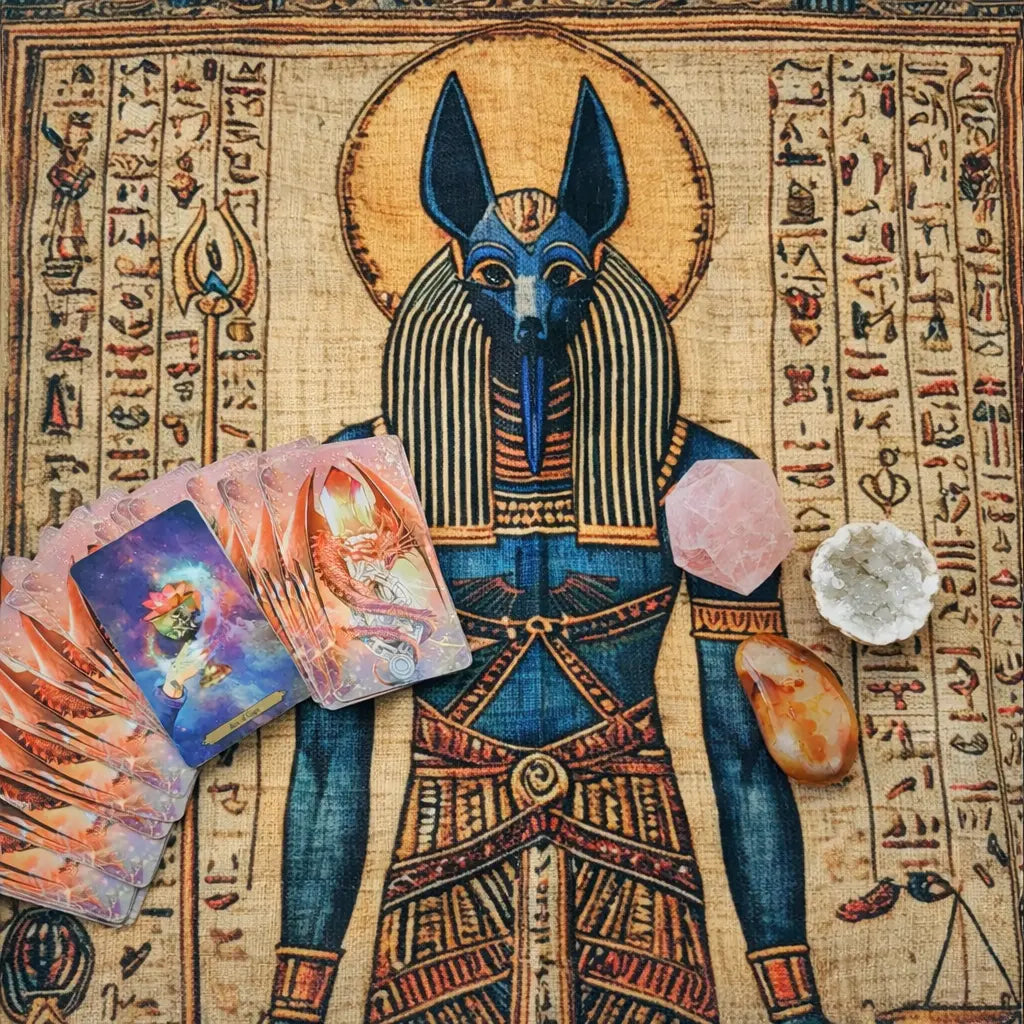 Tapis Tarot Anubis Égyptien 75x75 cm – Tissu Mystique Protection & Rituel