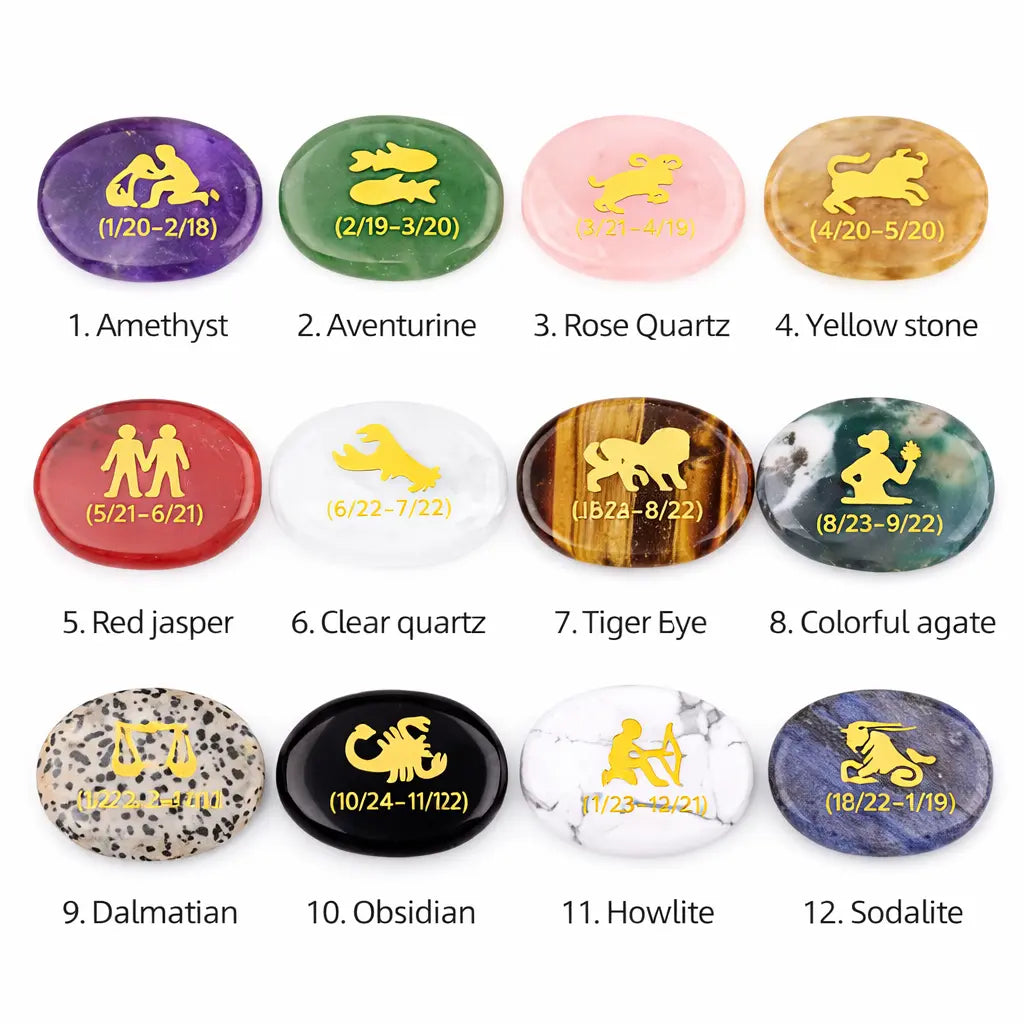 Lot de 12 Pierres Gravées – Signes du Zodiaque | Pierres Naturelles Mixte